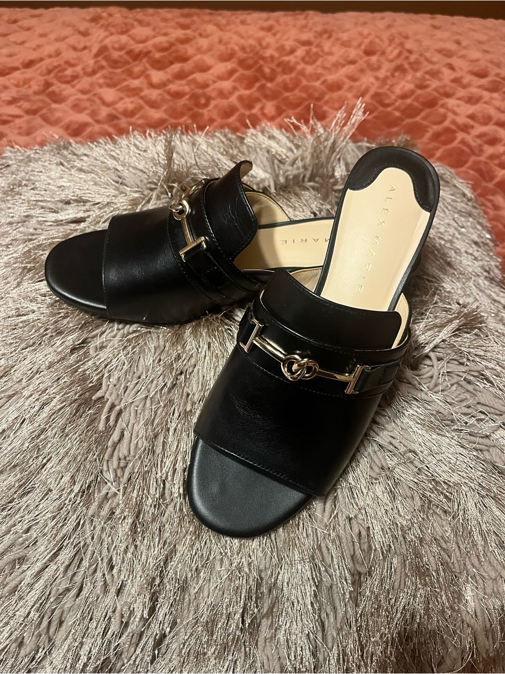 Alex Marie Black Leather Open-Toe Mules